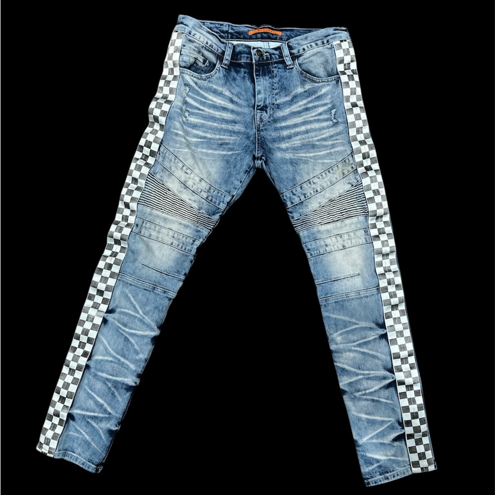 Trendy Blue Skinny Jeans with Checkered Stripes